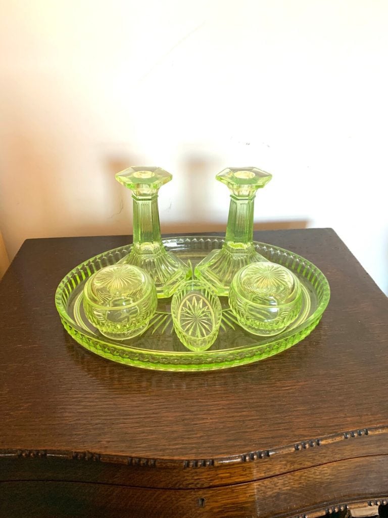 Antique Uranium Glass Dressing Table Vanity Set