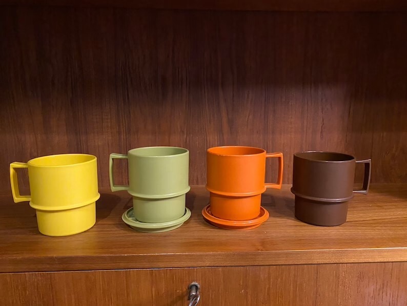 Pink Green & Purple Watercolor Blue New Vintage Tupperware Set of 6 Mugs 8 Ounce Preludio Acrylic Handled Cups Pastel Rainbow