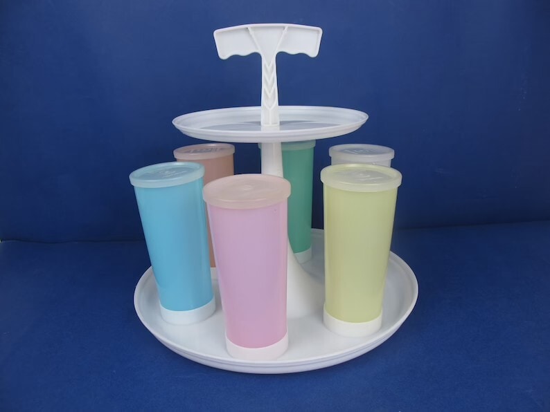 Tupperware Two-tier Carousel Caddy and Six Tall Pastel Coloured Beakers