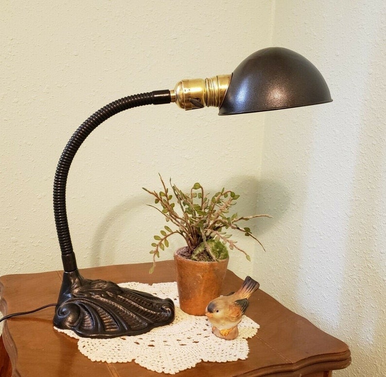 1930's Vintage Gooseneck Desk or Table Lamp with Ornate Base