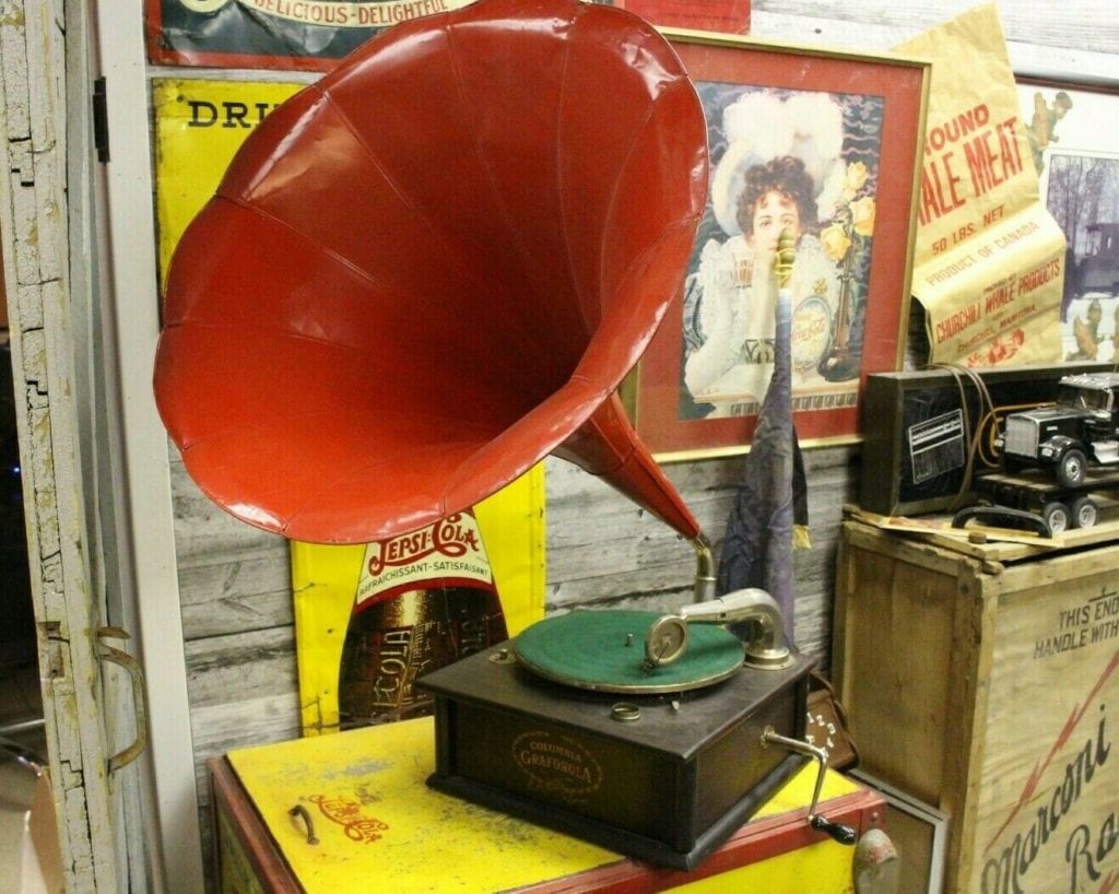 Antique WORKING Columbia Grafonola Wind Up Phonograph Record Player With Horn