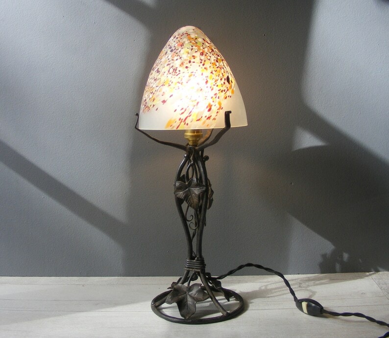 Art Deco Style Wrought Iron Table Lamp,with delicate Paste Glass Shade.