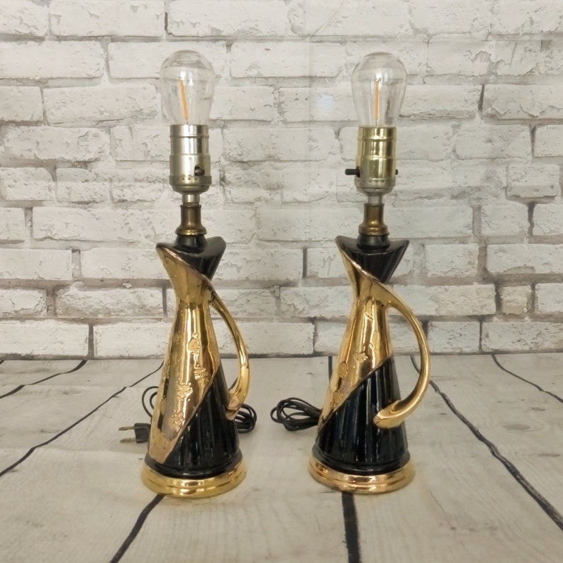 Pair Vintage 1950s Savoy Ewer Black & Weeping Gold Boudoir Lamps