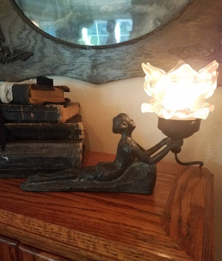 Vintage Cast Iron Art Deco Lady Lamp With Rose Petal Shade