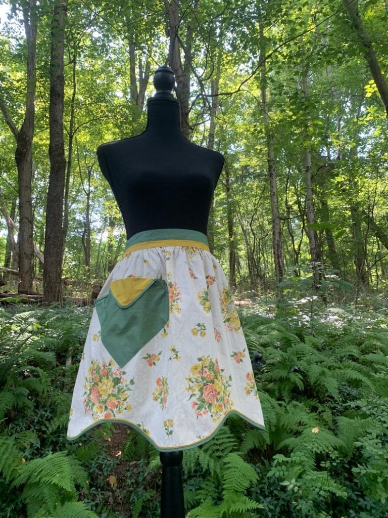 Vintage Green and Yellow Floral Half Apron With Pocket