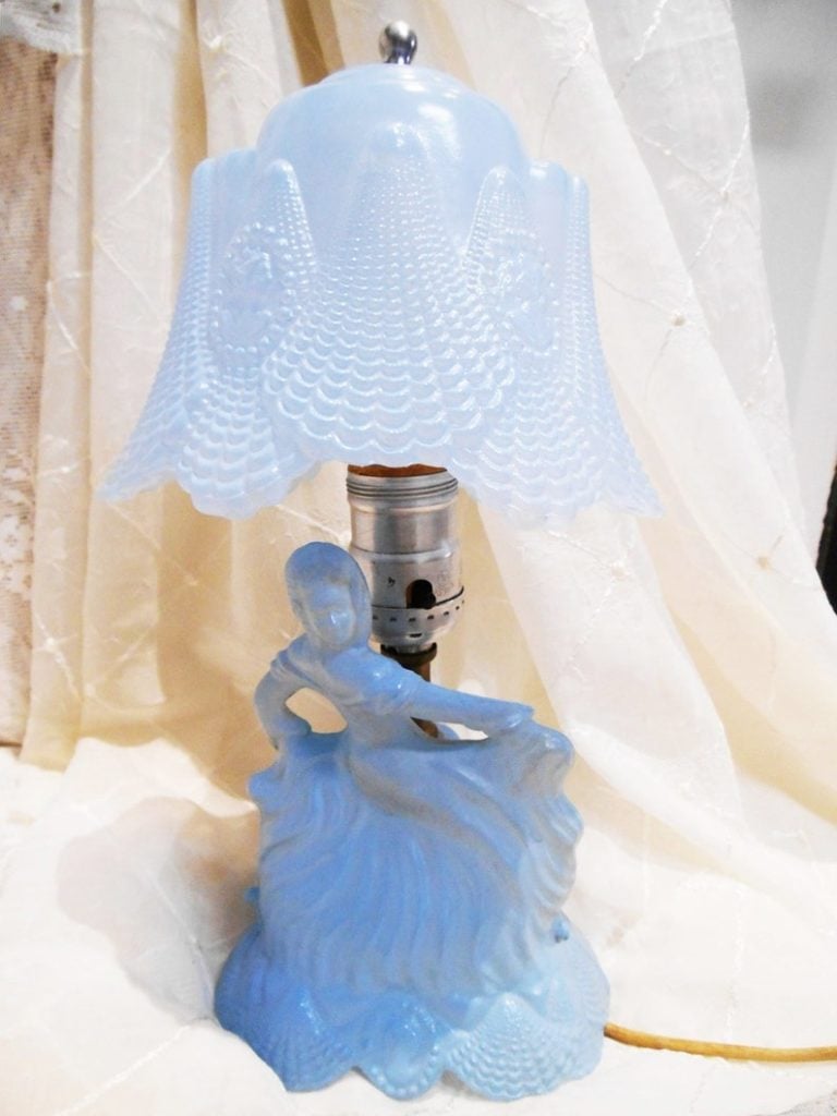 Vintage Hollywood Regency, Blue Satin Glass Boudoir Lamp