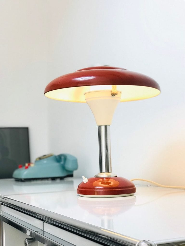 Vintage Mushroom Desk Lamp, Retro Red Bauhaus Lamp