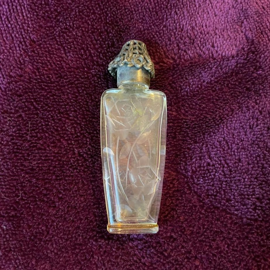 1920's La Castillere Etched Perfume Bottle Silvertone Top Made in France