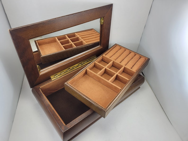 70s Wooden Jewelry Box In Dark Stain With Yellow Linning This Jewelry Box Has A Music Box Drawer Three Ring Storage Pockets On The Top
