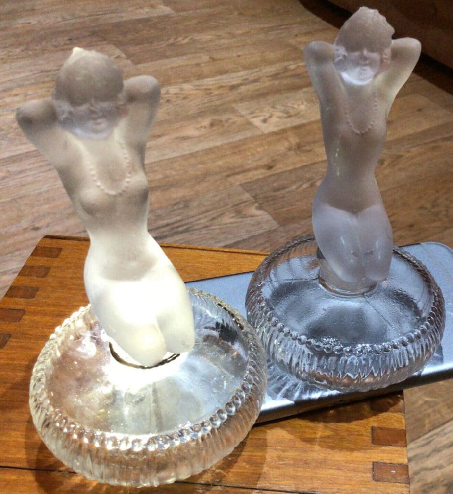 A Pair Of Antique Eroy “ Adoree “ Perfume Bottles Empty Kneeling Nudes 1930S