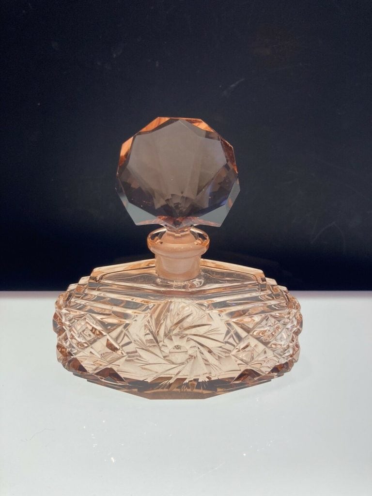 Antique Art Deco Czech Perfume Bottle Pink Cut Glass Stopper BIG vtg 1920s glam