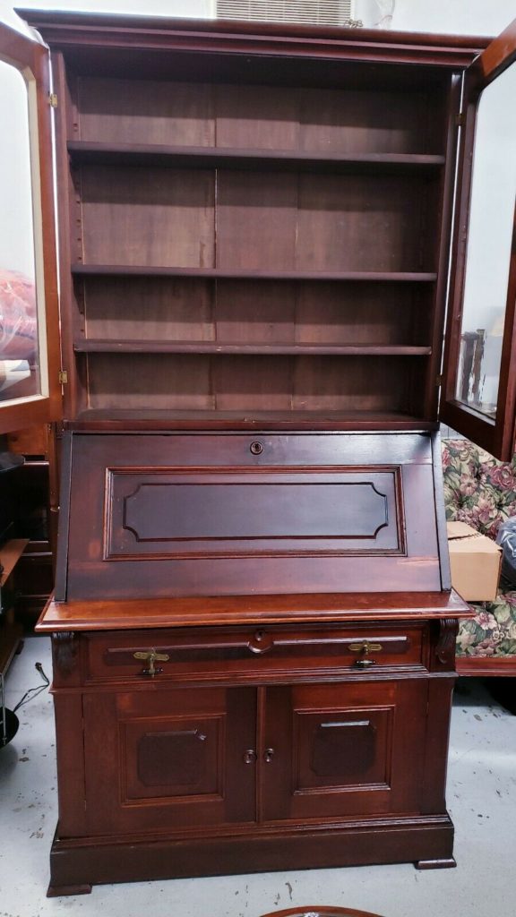 Antique Eastlake 3 Piece Walnut and Burl Slant Front Secretary Desk Circa 1890s