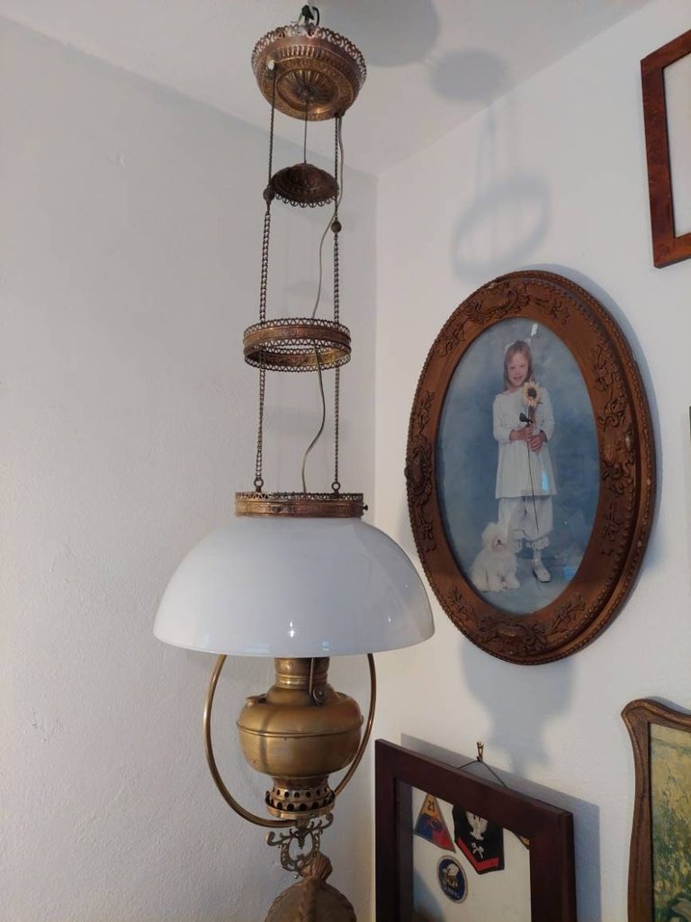 Antique Hanging Oil Lamp with White Milk Glass Shade
