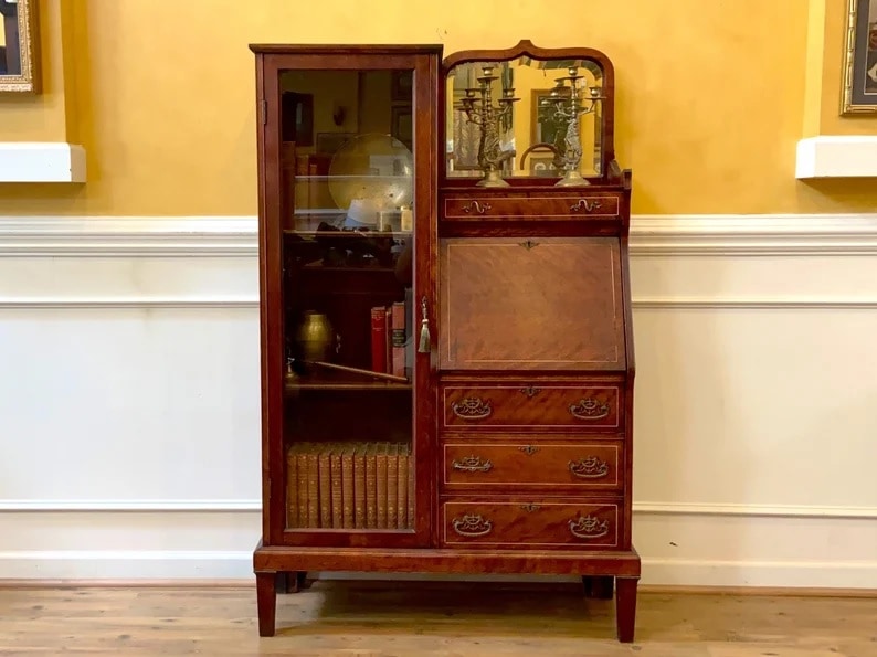 Antique Inlaid Mahogany Side By Side Secretary Desk Bookcase
