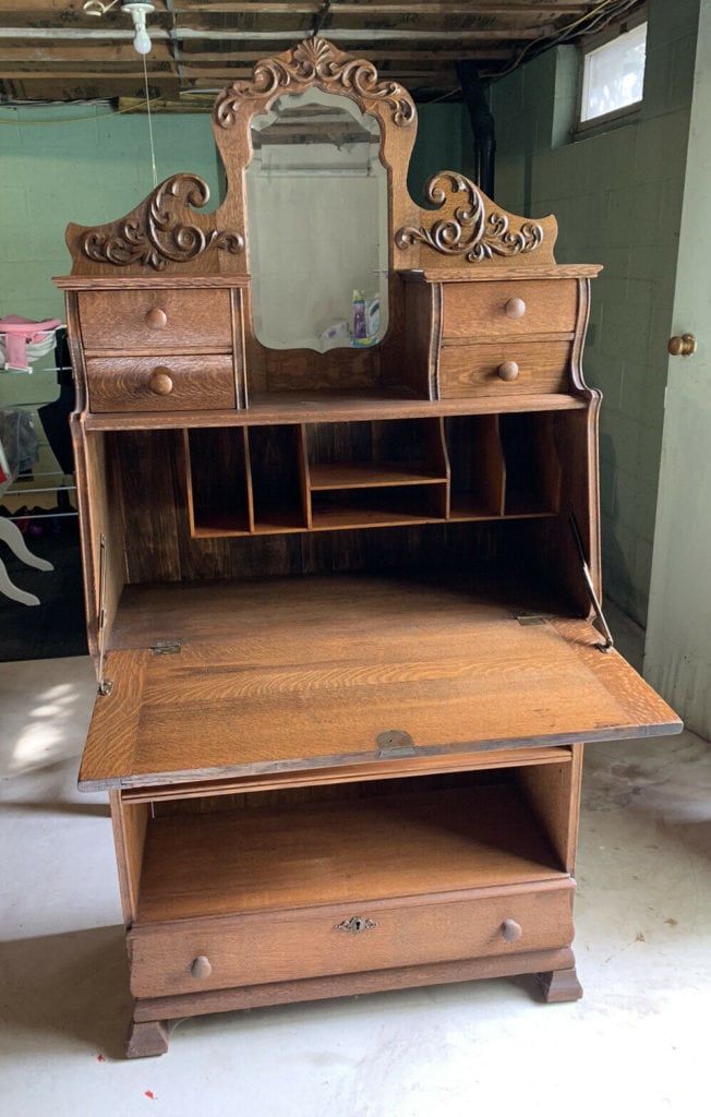 Antique Mission Oak Secretary Desk with Beveled Mirror