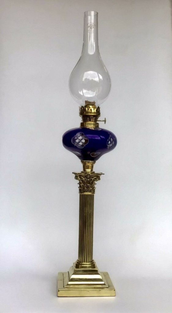 Antique Oil Lamp Bohemian Cobalt Blue Cut To Clear Glass Font Corinthian Column