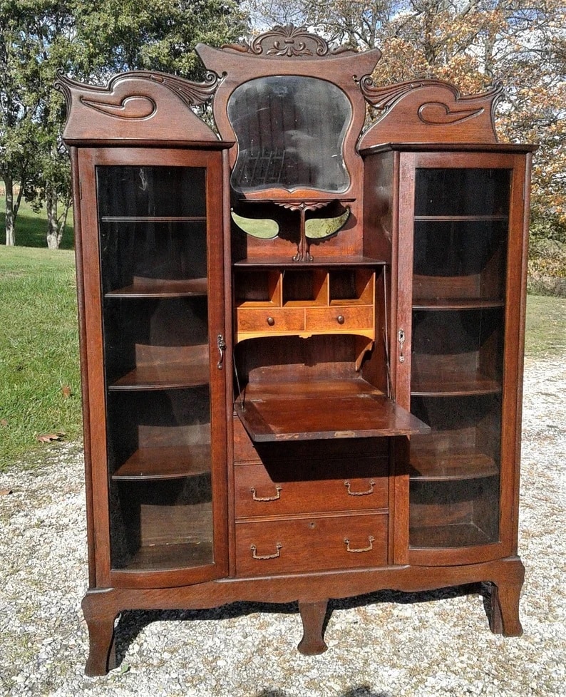 Antique Rare Tiger Oak Double Side By Side Secretary Bookcase