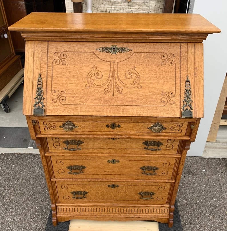 Antique Victorian solid oak spoon carved secretary desk