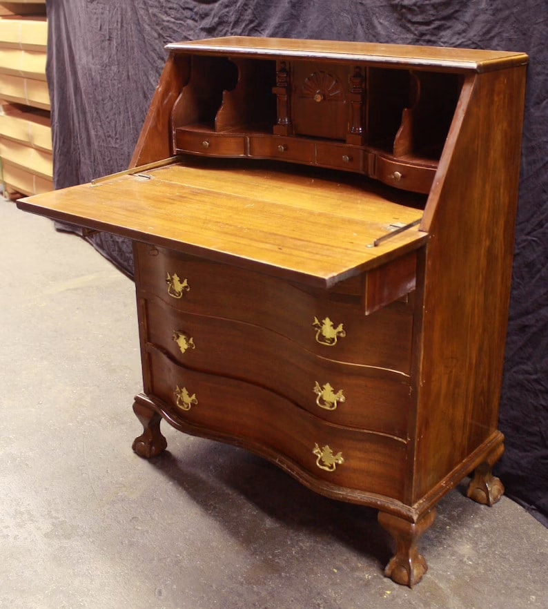 Antique Vintage Old Chippendale Mahogany Slant Front Secretary Desk