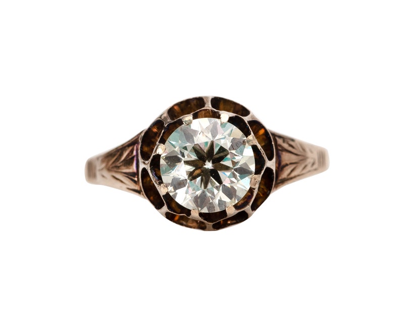 Circa 1900's Victorian 14K Yellow Gold 1.3Ct Old European Cut Diamond Buttercup Design Solitaire Engagement Ring