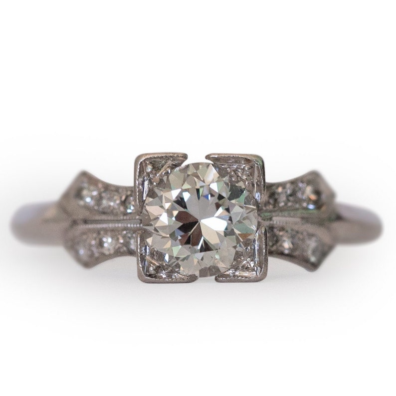 Circa 1940s Art Deco Platinum .70 Transitional Round Diamond Engagement Ring-VEG#1453A