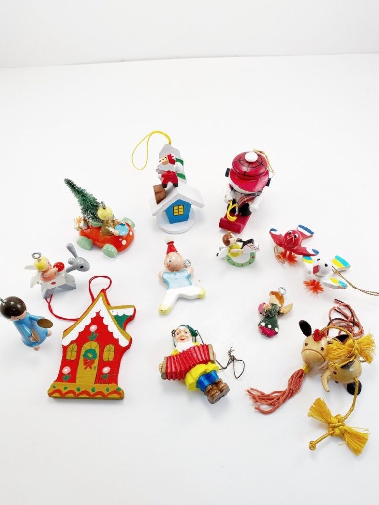 Lot of 14 vintage 1960s and 1970s handmade and hand painted wooden ornaments