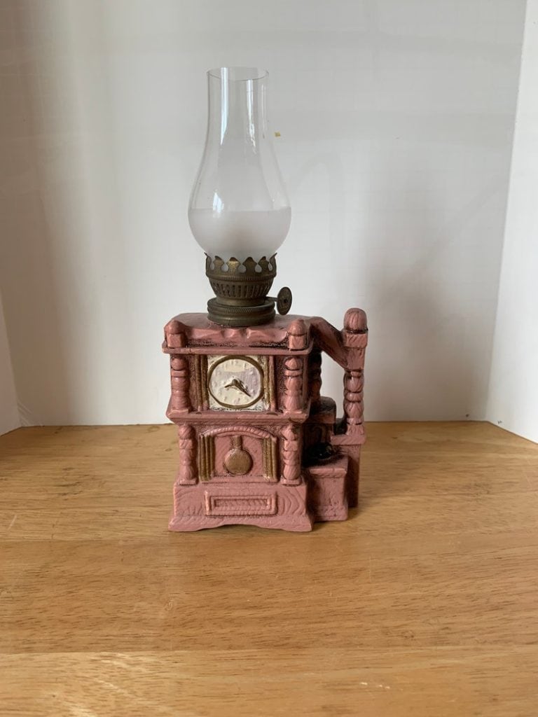 Miniature oil lamp vintage stereo with partial frosted chimney and wick