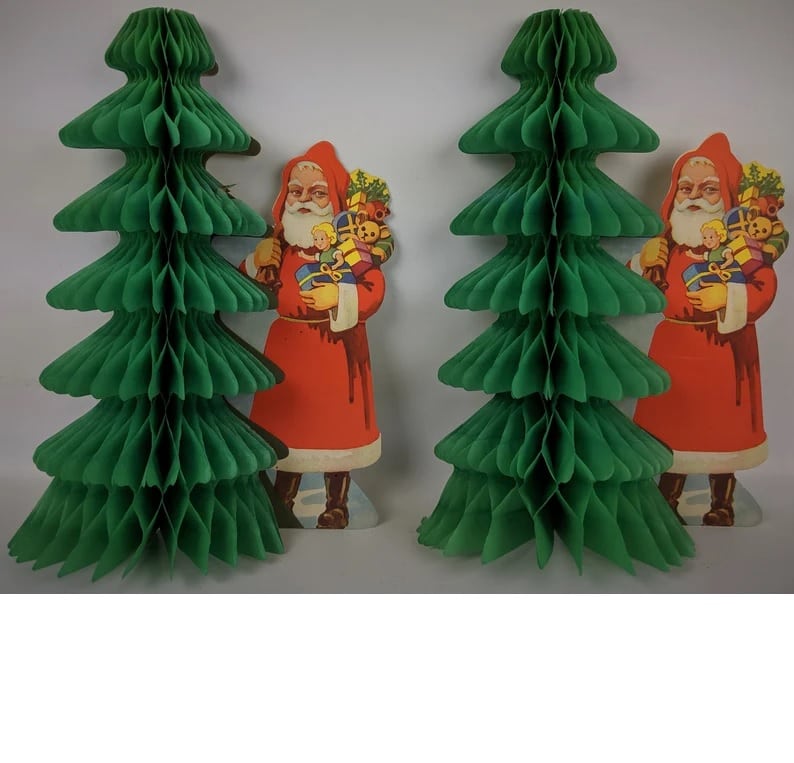 Pair of Vintage 1940's CHRISTMAS Old Fashioned Diecut Santa Claus Honeycomb Fold-out Tissue Tree