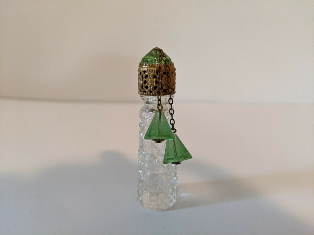 Rare Antique 1920's Irice Mini Perfume Bottle w/ Jeweled Lid & Glass Dangle