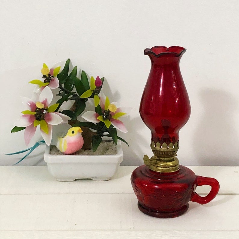 Red glass finger oil lamp, vintage hurricane lamp, small oil lamp