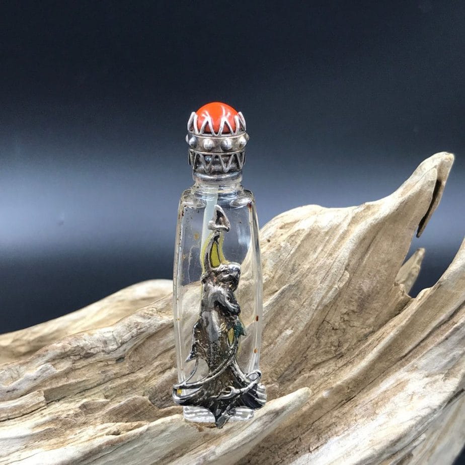SMALL 1920s/1930s French Jeweled Top Perfume Bottle with Dauber and Silver Metal Overlay of Woman Holding Torch