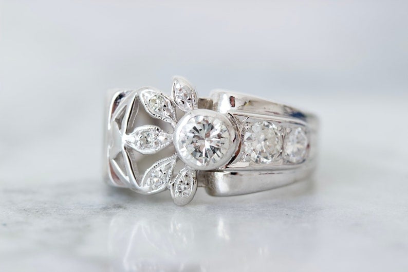 Stunning Asymmetrical 1950s Floral Diamond Ring, Unique Engagement Rings, 14k White Gold Size 5.25, Mid Century Cocktail Jewelry for Women