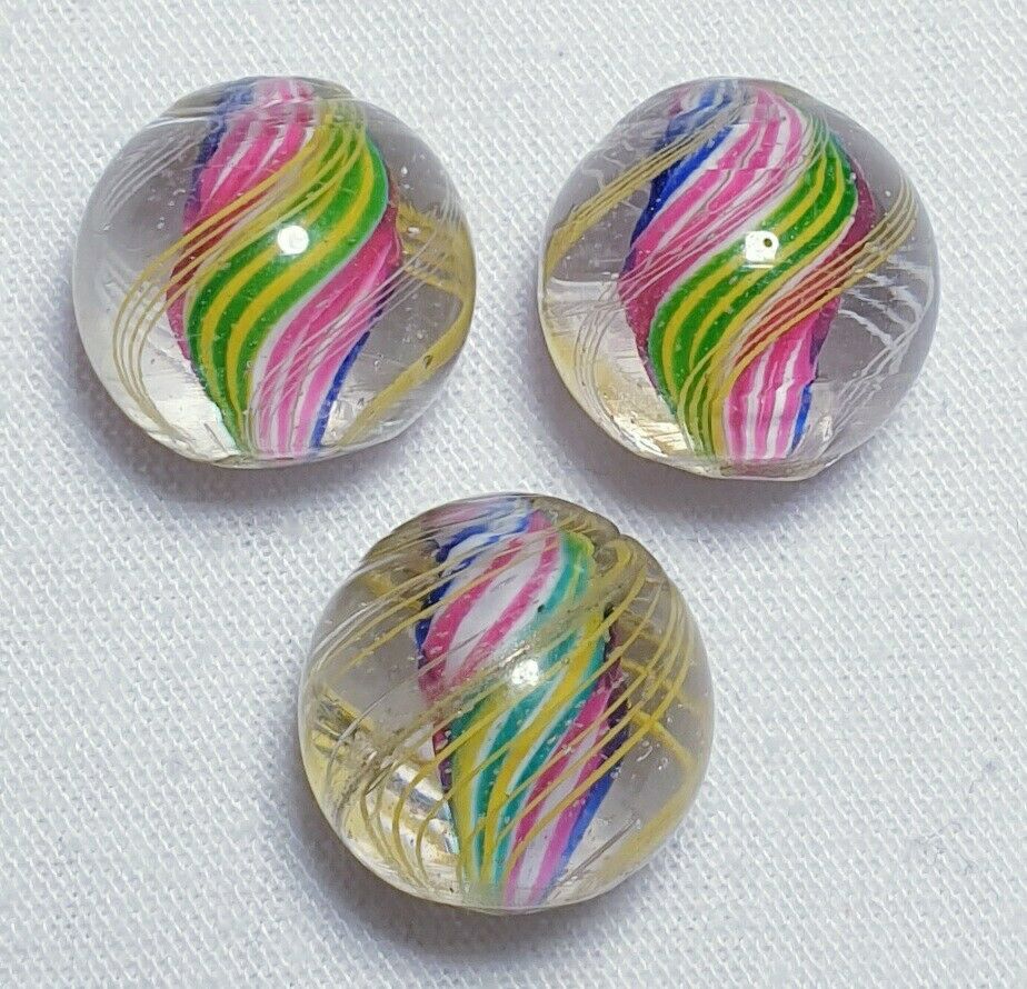 TRIO EARLY VIVID RIBBED SOLID CORE HANDMADE ANTIQUE MARBLES (GP) MINT