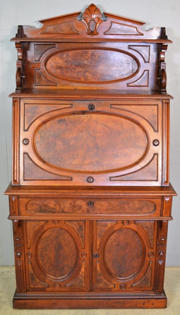 Victorian Burl Walnut Four Oval Panel Secretary