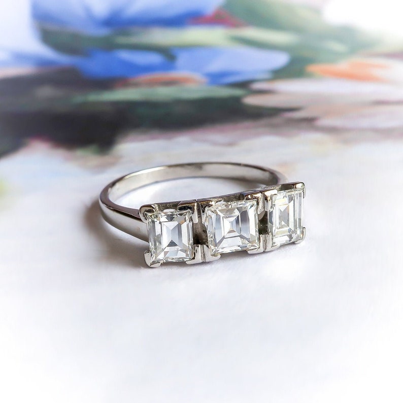 Vintage 1940s 1.87ctw. Diamond Carre Cut Three Stone Ring Platinum Palladium