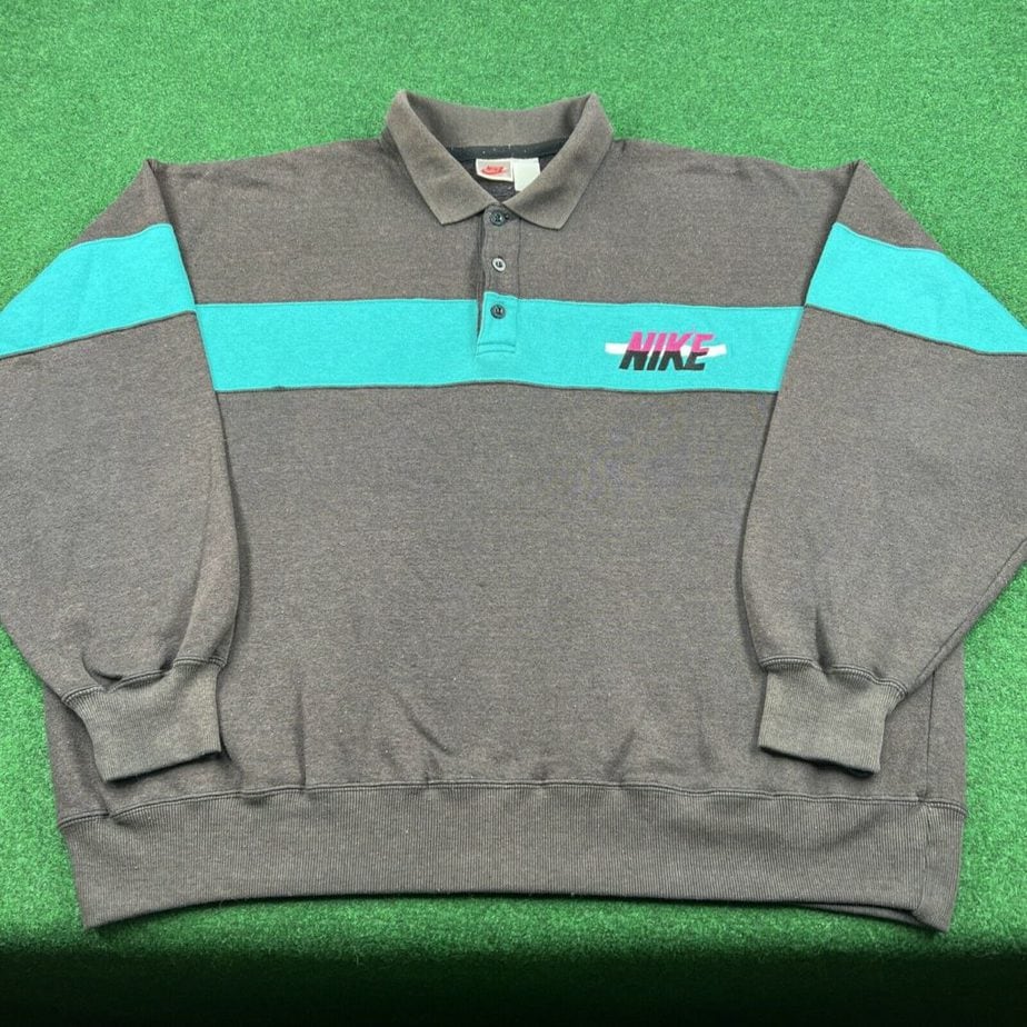 Vintage 80S Nike Spellout Block Black Teal Faded Collared Sweatshirt
