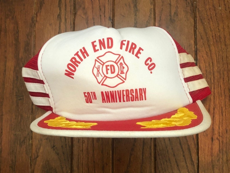 Vintage 80s 90s North End Fire Company 3 Stripe Mesh Trucker Hat Snapback Hat Baseball Cap