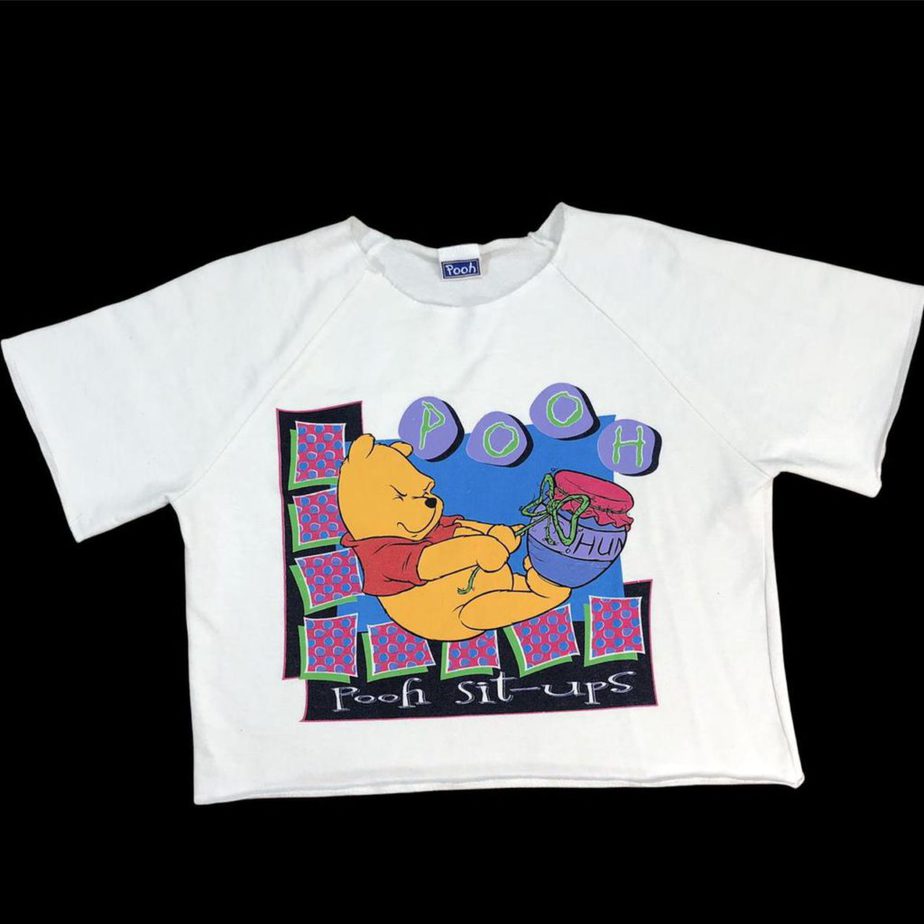 Vintage 90’s Pooh crop top shirt, Pooh sit-ups Pooh Disney tag size small measures 19.5x18.5