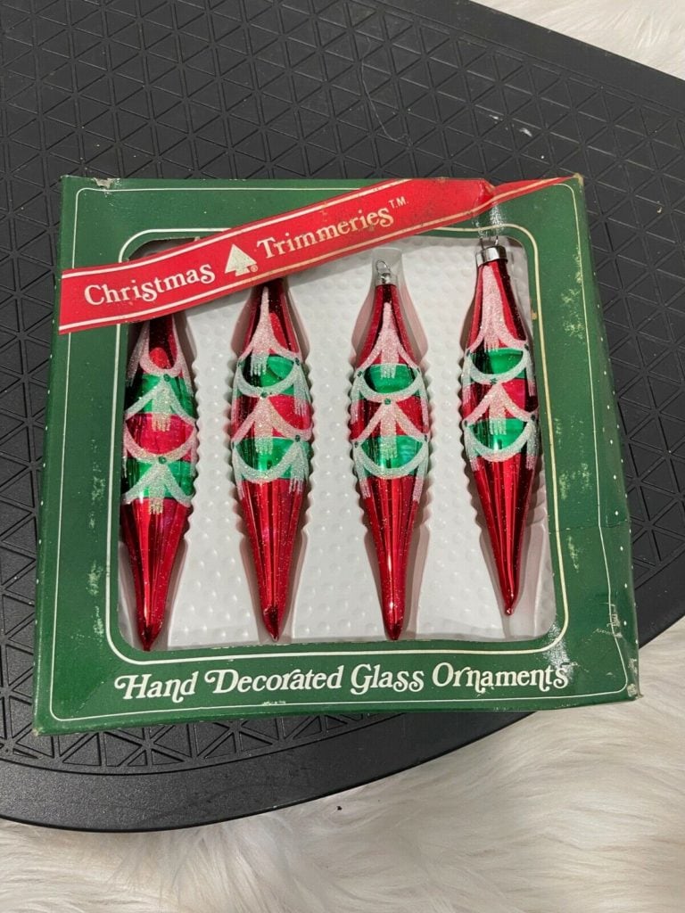 Vintage Christmas Glass Ornaments Set of 5 Red Green Gold Striped Icicles