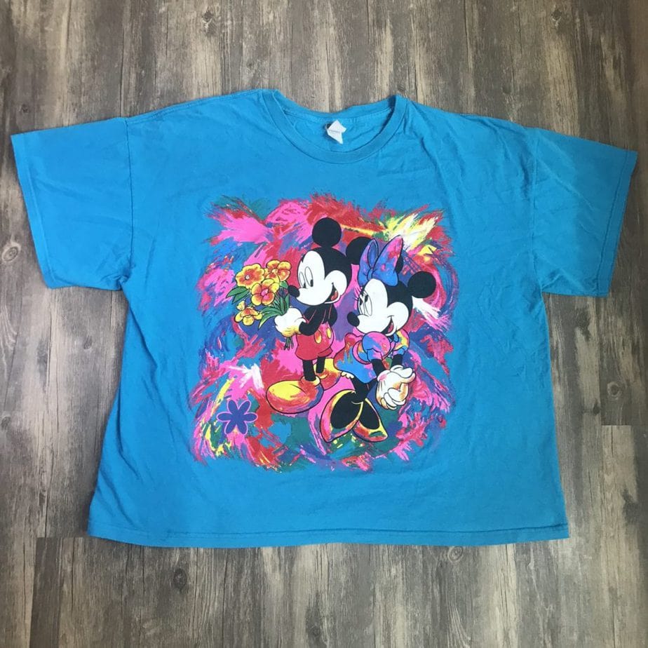 Vintage Mickey Mouse and Minnie Mouse Paint Splatter Bright Neon Blue Full Front Print Vacation Style Walt Disney Graphic T-shirt Tagged a Men’s XXLarge!