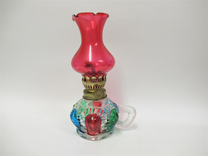 Vintage Multi-Color Glass Oil Lamp with Finger Hold