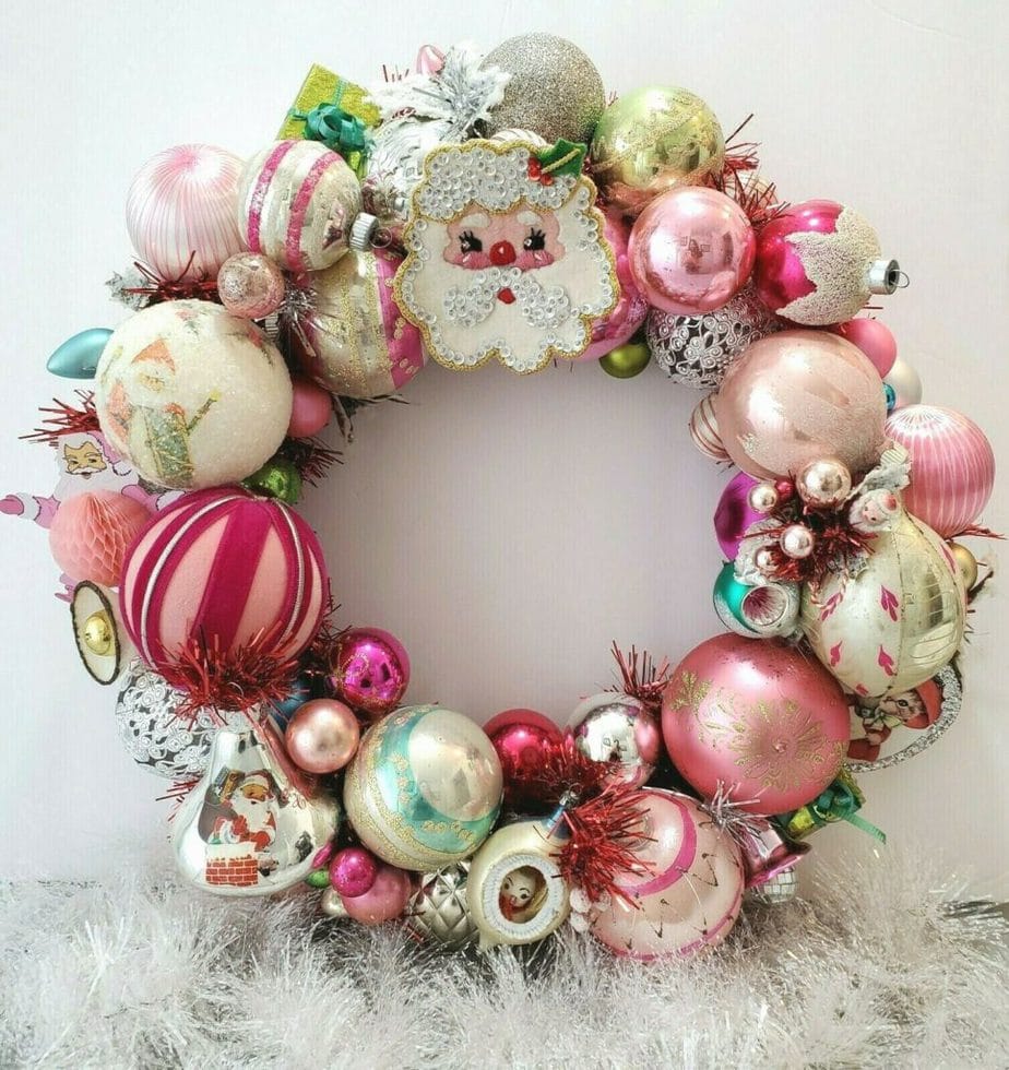 Vintage Pink & Sequin Santa Ornament Christmas Wreath