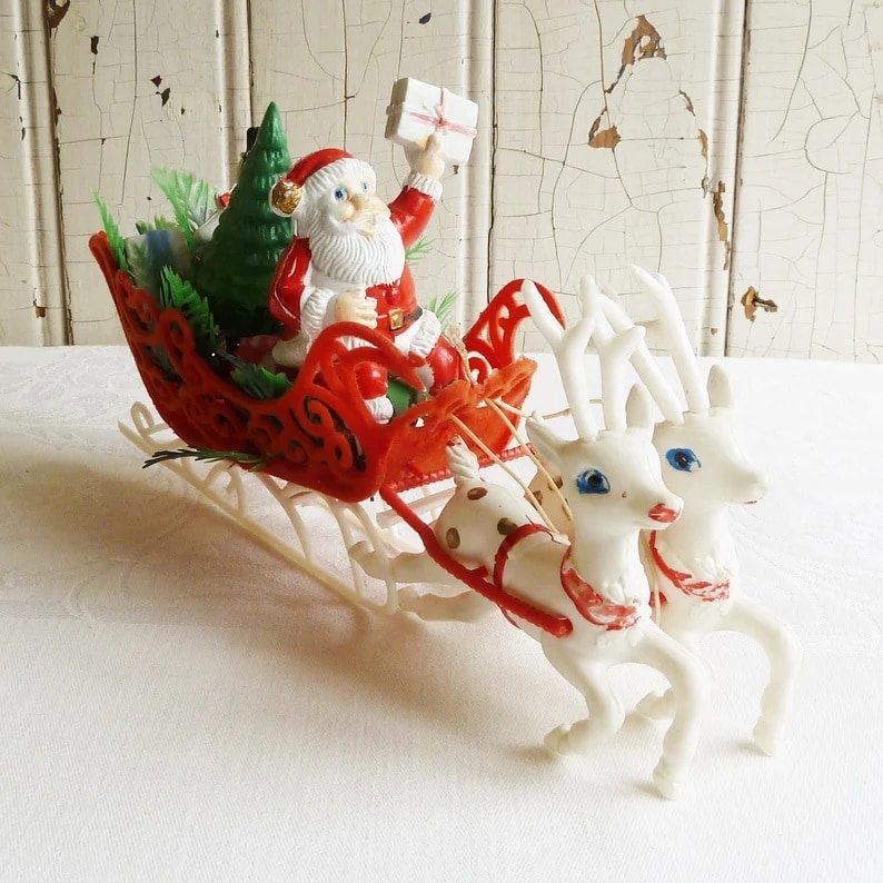 Vintage Plastic Santa Claus in Flocked Sleigh