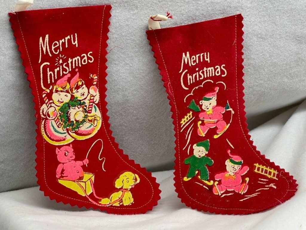 Vintage Red Felt Christmas Stockings Painted