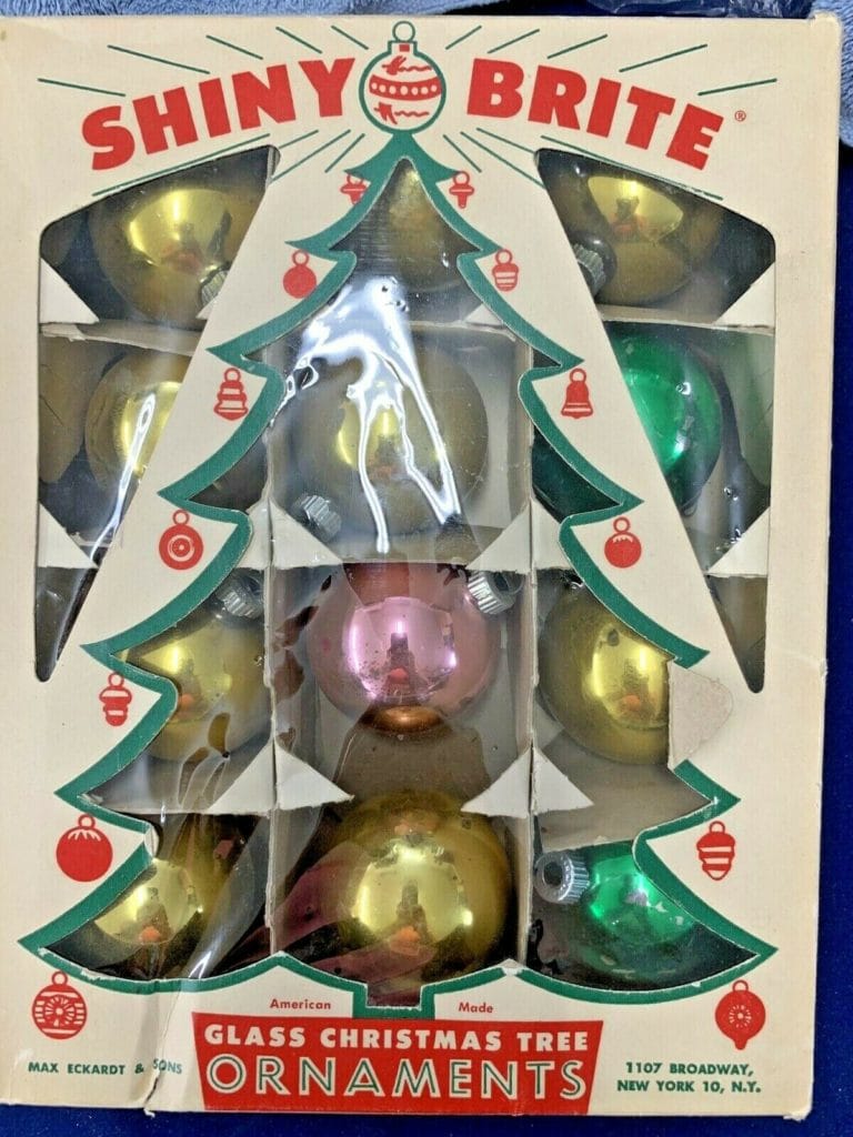 Vintage Shiny Brite Box of 12 Mercury Glass Christmas Tree Ornaments