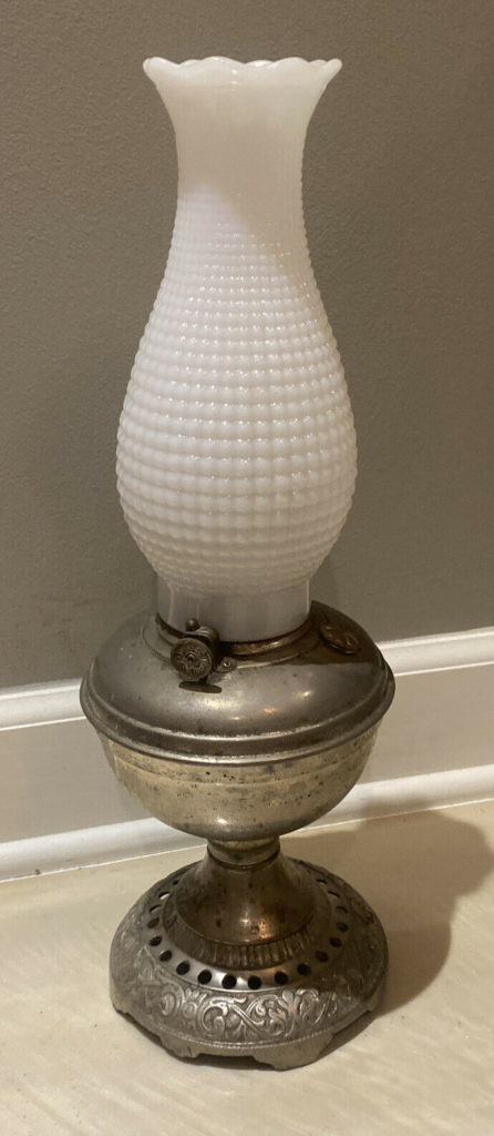Vintage white milk glass hobnail hurricane oil lamp with metal base 18.5