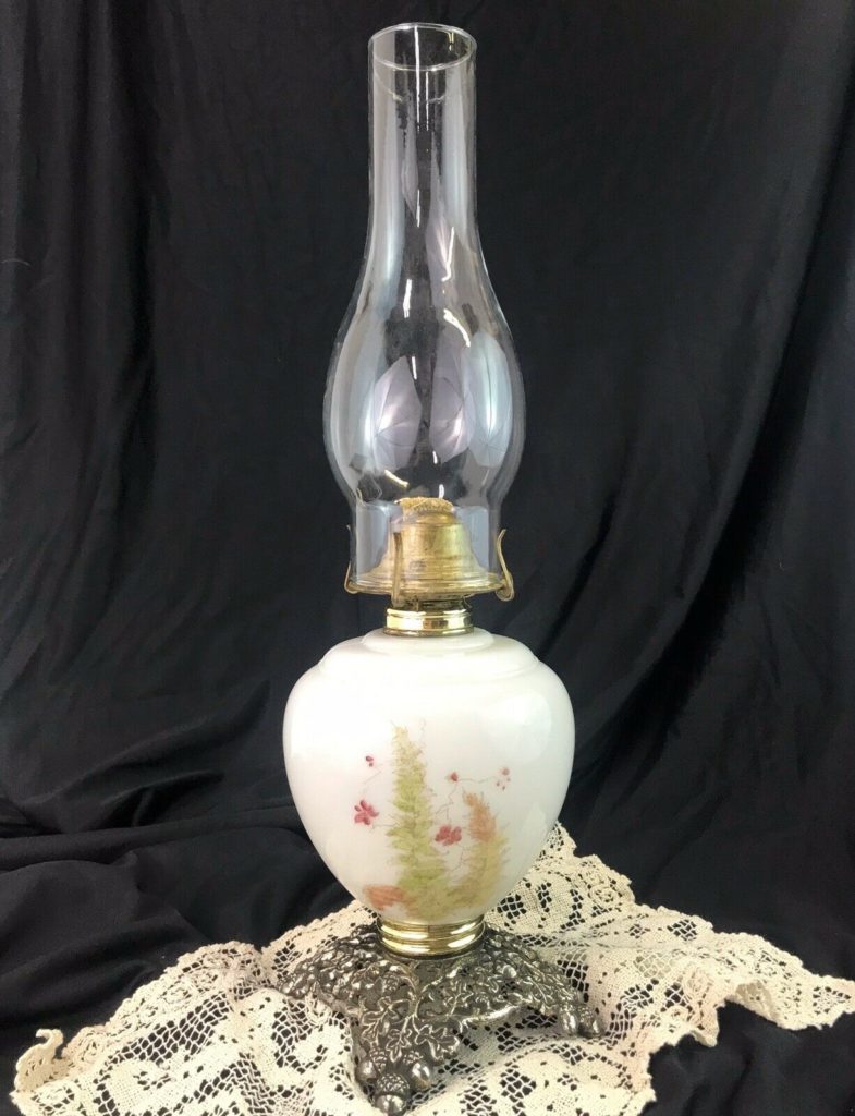 Vtg Antique Milk Glass Oil Lamp Hand Painted Floral Hurricane BOTH Oil & Electric