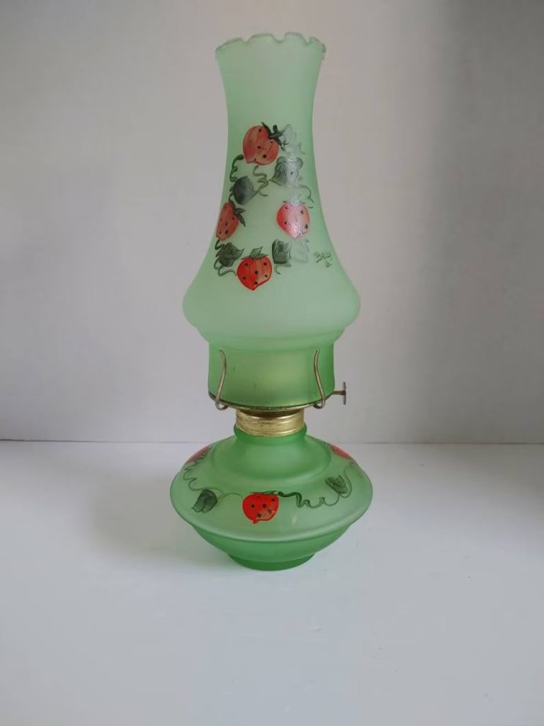 Vintage lime green hurricane oil lamp hand painted