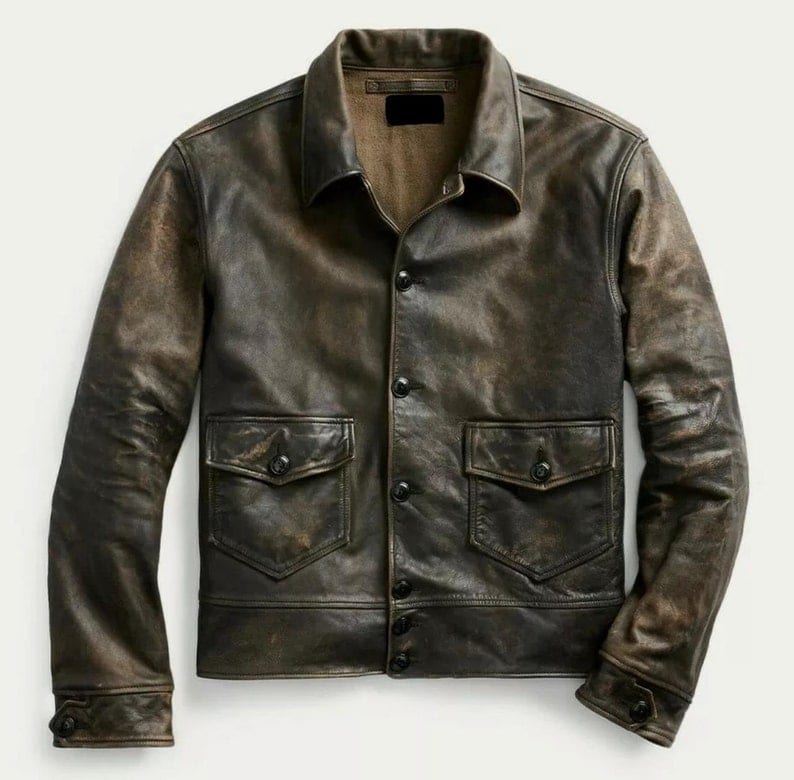1920s Vintage Double Pocket Style Distressed Brown Genuine Cowhide Leather Jacket Men's Casual Coat