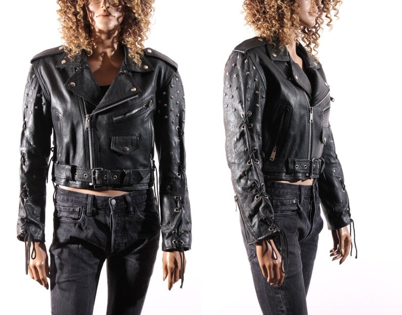 80s Women Black Leather Biker Jacket